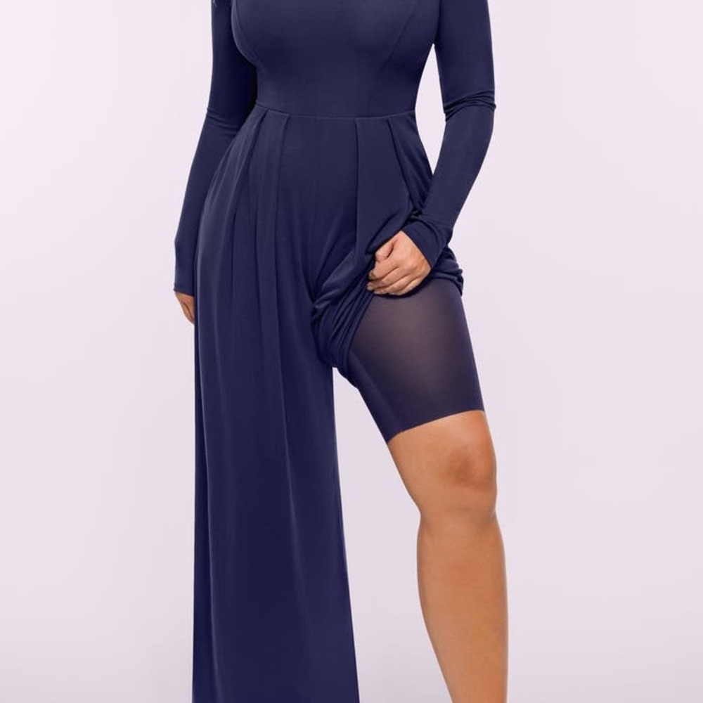 Shapellx-Long Sleeve Navy wide leg jumpsuit with Sweetheart Neckline - Picture 6 of 6